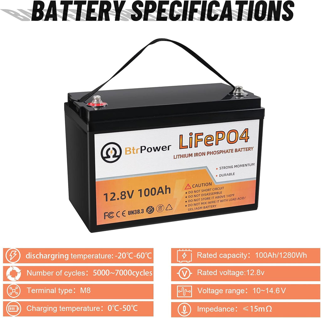 12V 100Ah LiFePO4 Deep Cycle Battery with 100A BMS S414810