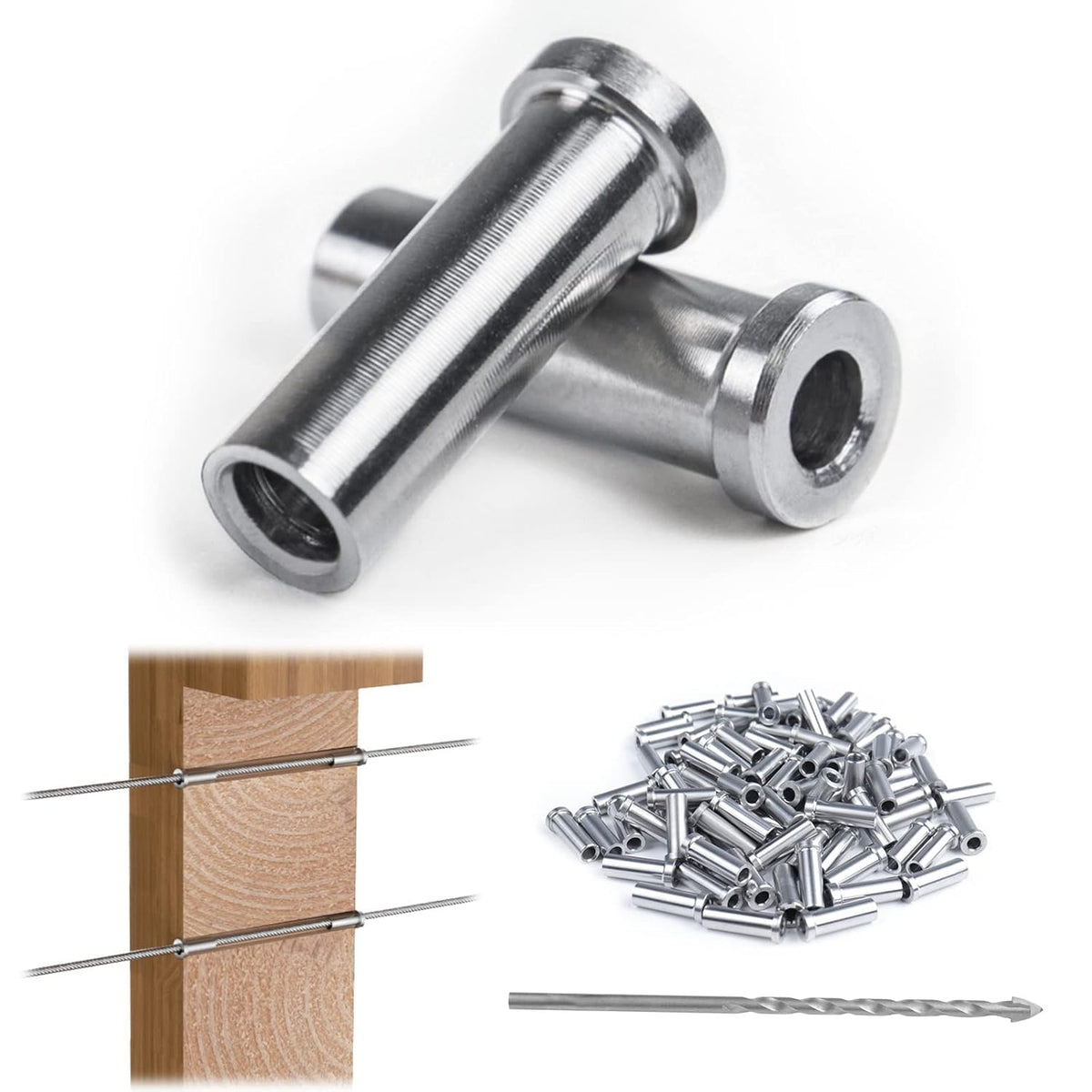 Muzata 120Pack Cable Railing Kit Stainless Steel Protective Sleeves for 1/8" Wire Rope Cable Wood Posts T316 Marine Grade Deck Stair Railing CR13,CP1 Pack of 2
