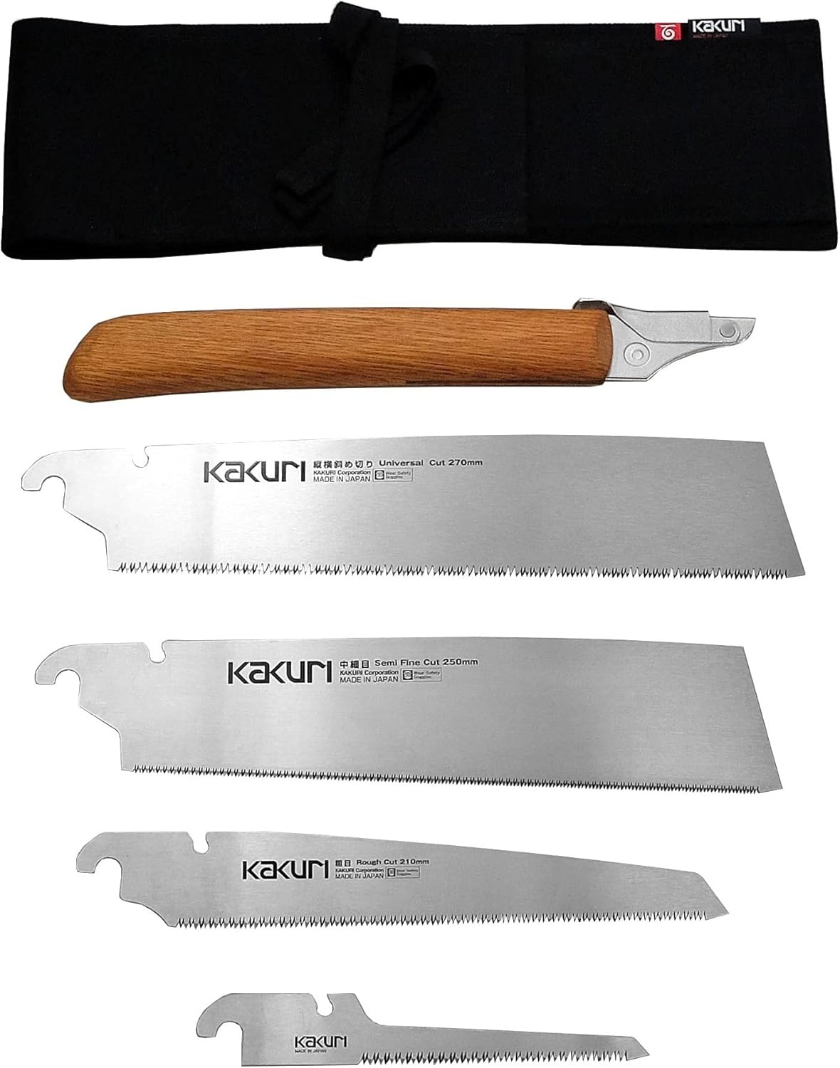 KAKURI Japanese Saw Set of 4 Saws, Standard Woodworking Japanese Hand Saw Kit (Universal 10-1/2", Semi Fine 10", Rough Cut 8-1/4", Keyhole 4") Oil Finished Red Oak Handle with Wrap Case, Made in JAPAN