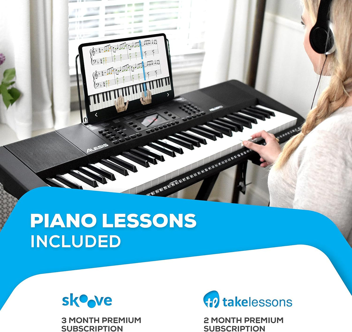61 Key Digital Piano Keyboard with Speakers, Stand, Bench, Headphones and Microphone R85688