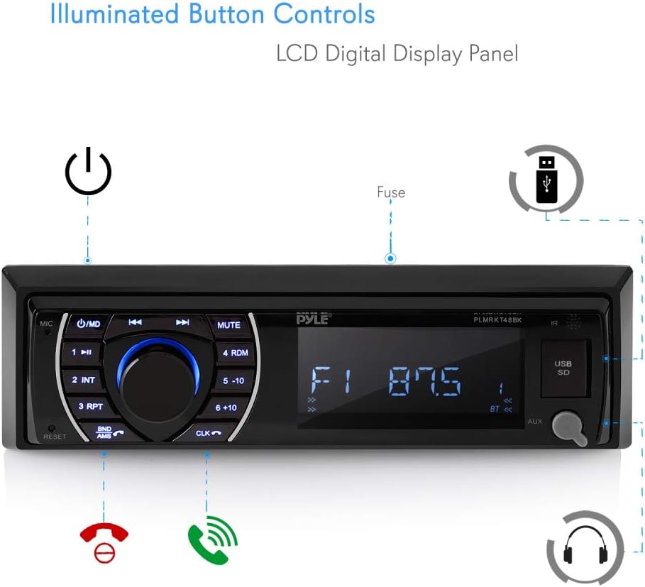 Marine Head Unit Receiver Speaker Kit - In-Dash LCD Digital Stereo with Bluetooth, AM/FM Radio, 6.5" Waterproof Speakers I856669