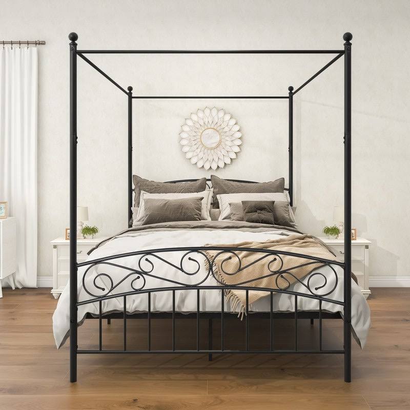 Queen Size 4 Poster Canopy Bed Frame with Mattress Foundation G932579