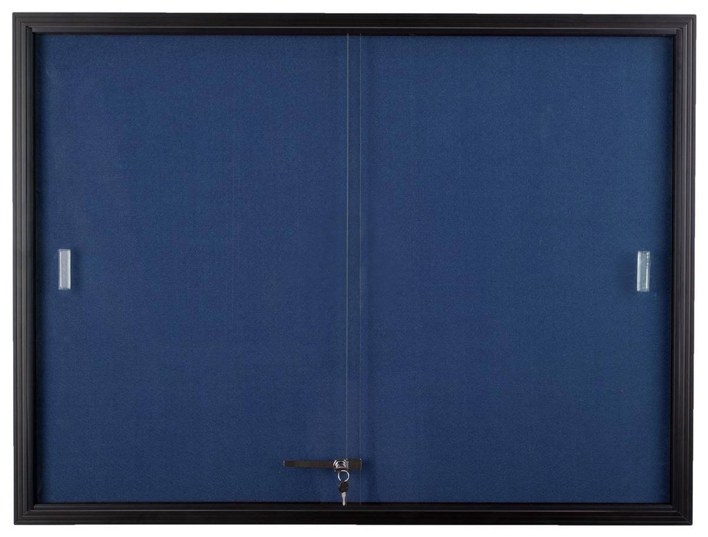 Locking Bulletin Board, 48 inch x 36 inch, Blue Fabric, Sliding Glass Doors (fbsd43bkbl), Black