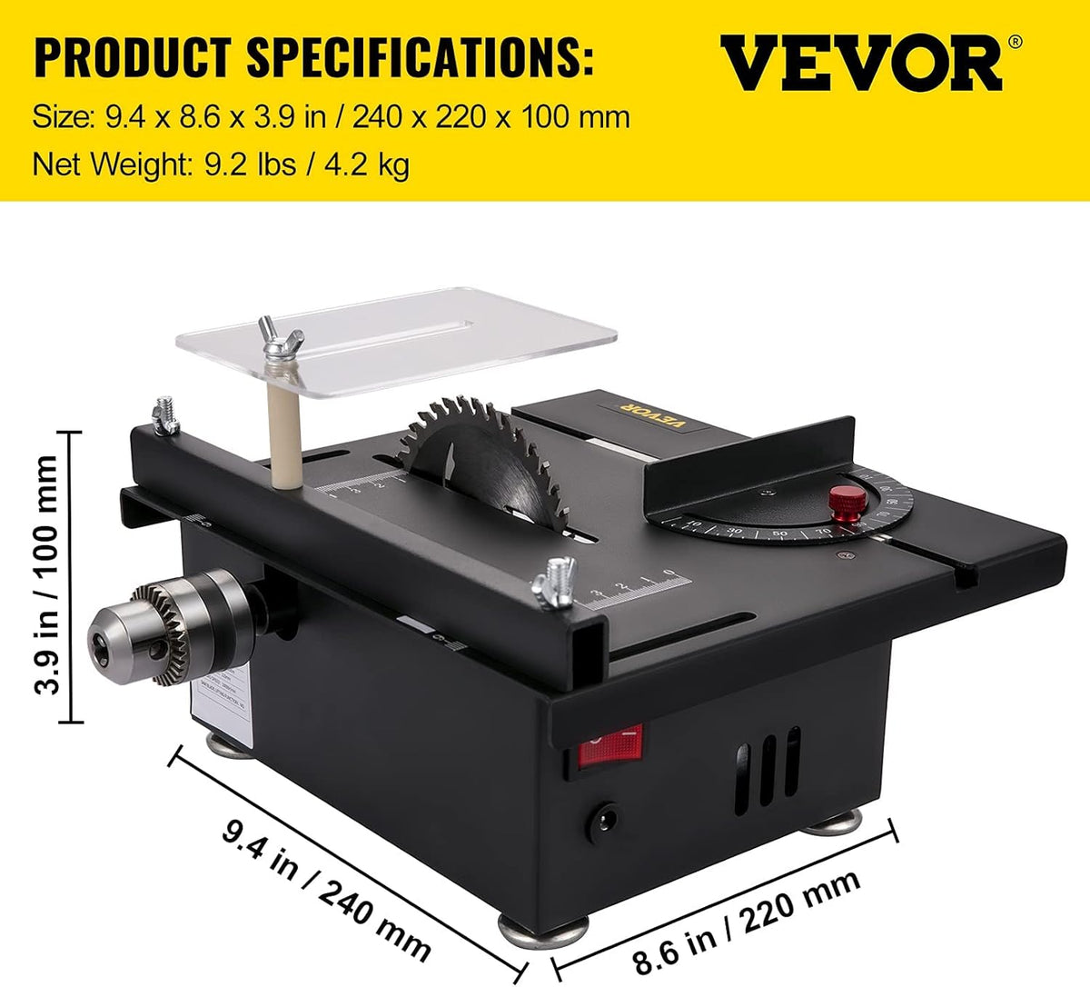 Mini Table Saw for Woodworking, 0-90 Angle Cutting, 7-Level Speed Adjustable V9471