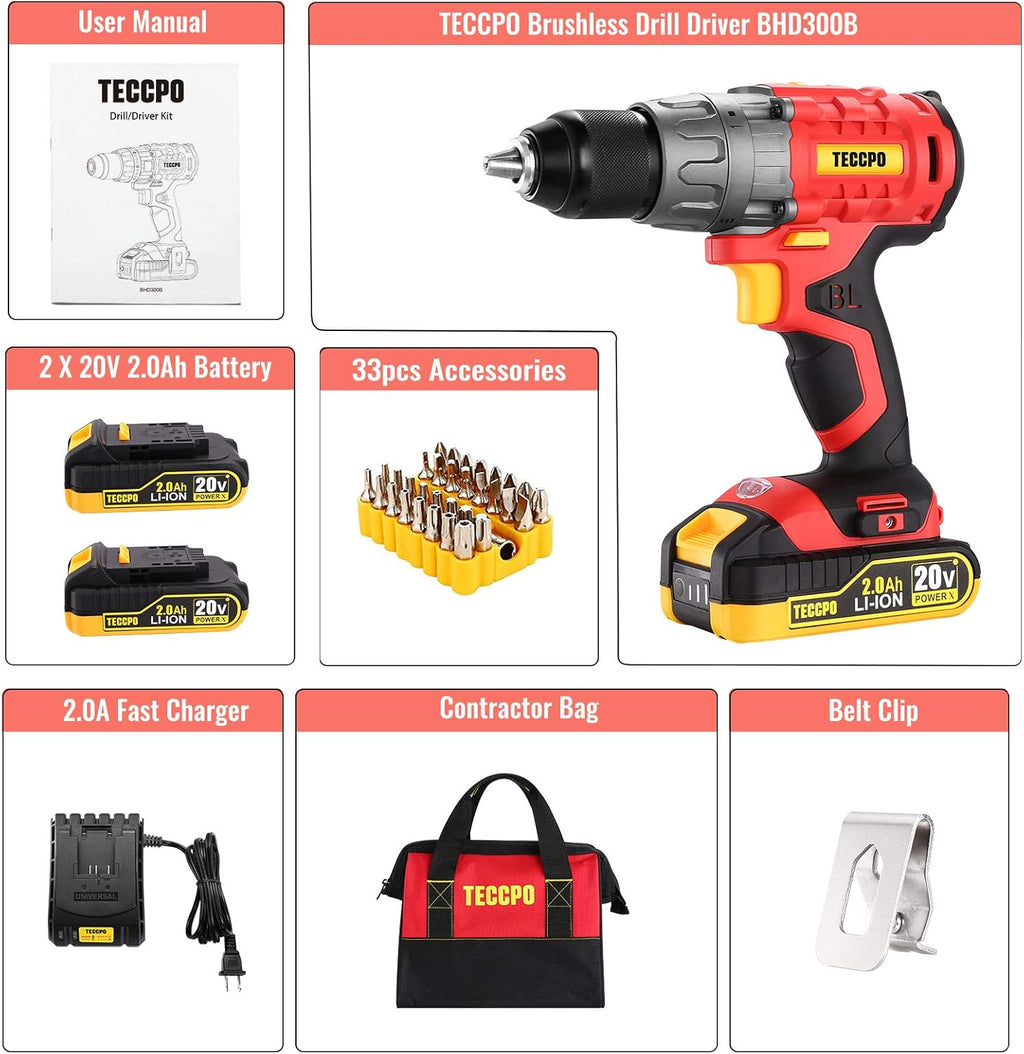 Cordless Drill Set, 20V Brushless Drill Driver with 2 Batteries and Case P8143