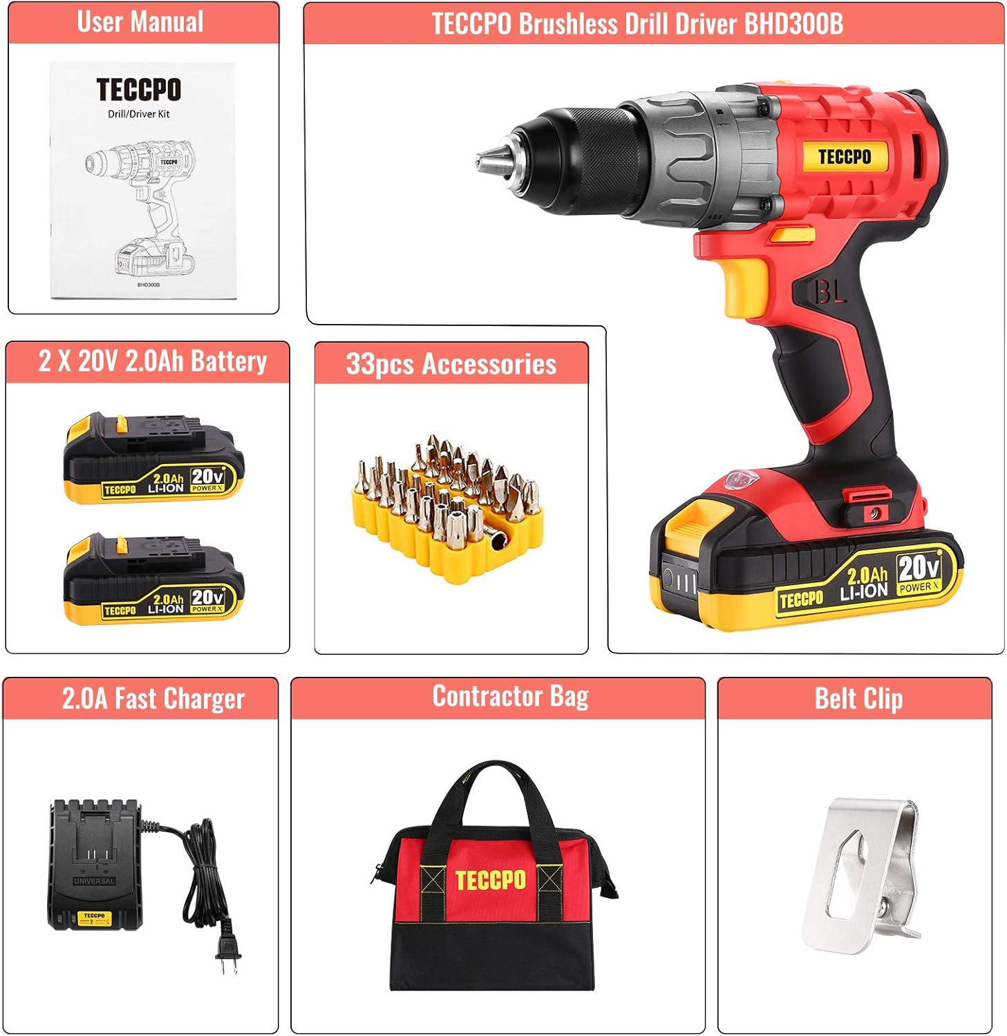 Cordless Drill Set, 20V Brushless Drill Driver with 2 Batteries and Case P8143