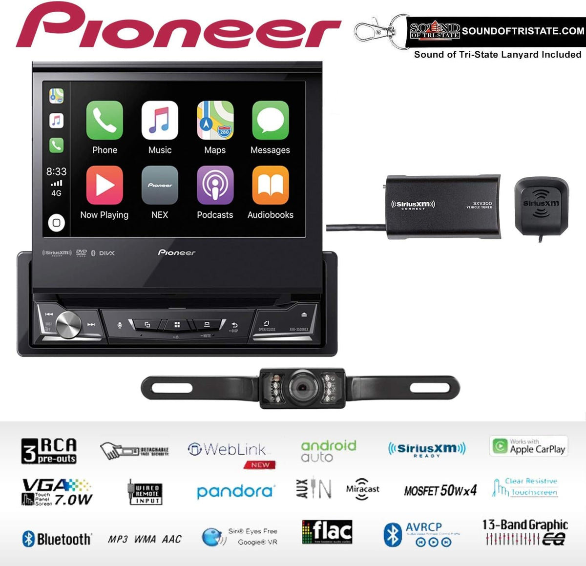 Pioneer AVH-3500NEX Single Din Multimedia Player with 7" flip Out Screen with License Plate Stye Backup Camera & SiriusXM Satellite Radio Tuner Bundle with Sound of Tri-State Lanyard