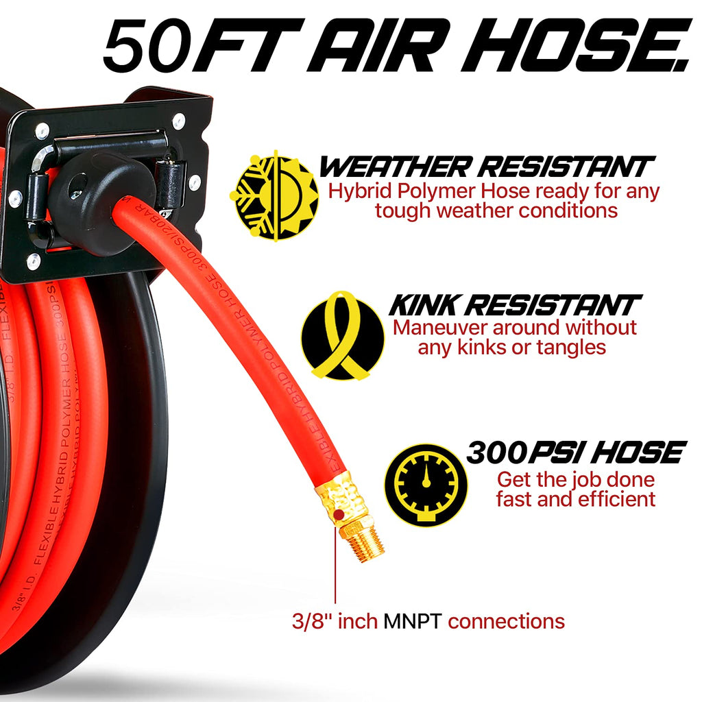 Retractable Air Hose Reel 3/8" x 50 ft, 300 PSI N712414