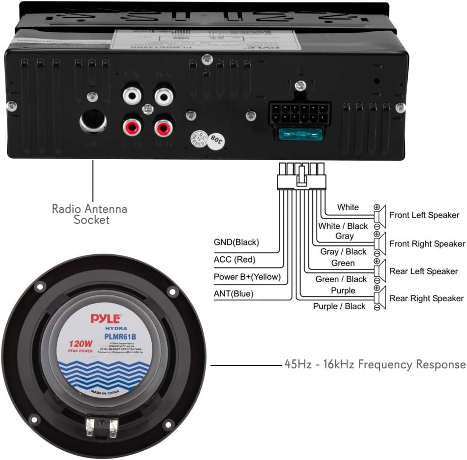 Marine Head Unit Receiver Speaker Kit - In-Dash LCD Digital Stereo with Bluetooth, AM/FM Radio, 6.5" Waterproof Speakers I856669