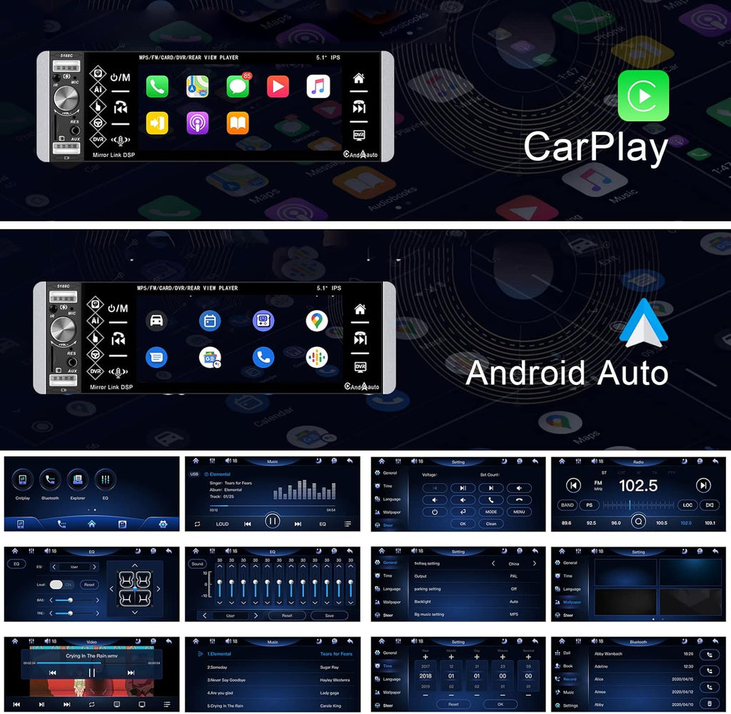 5.1 Inch Single Din Car Stereo Touchscreen Radio with Carplay, Android Auto, Bluetooth and Backup Camera A44512