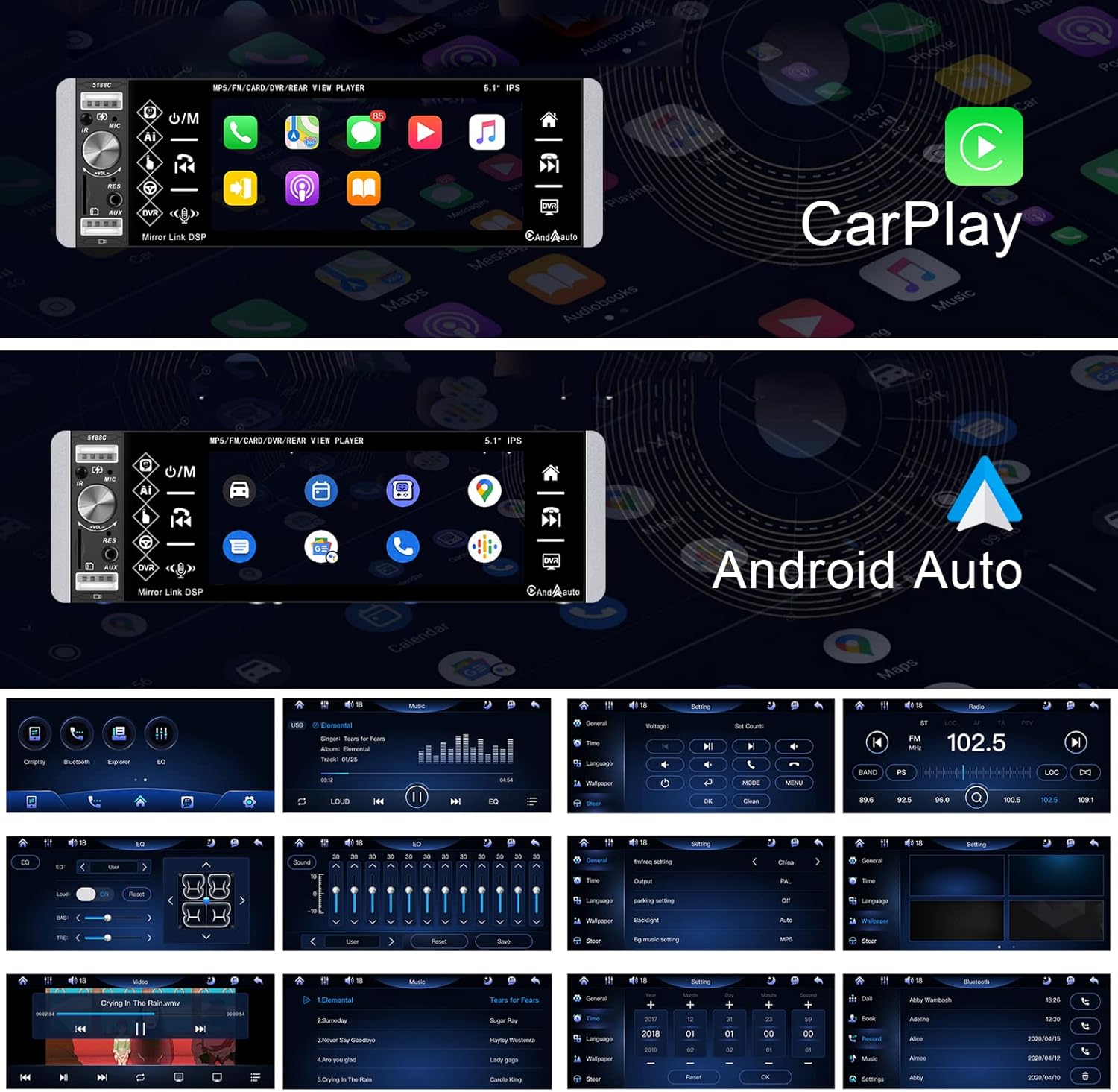 5.1 Inch Single Din Car Stereo Touchscreen Radio with Carplay, Android Auto, Bluetooth and Backup Camera A44512