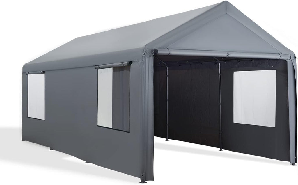 Heavy Duty Carport 12x20 with Roll-up Windows, Removable Sidewalls, Portable Garage for Car Truck SUV, Beige R5326