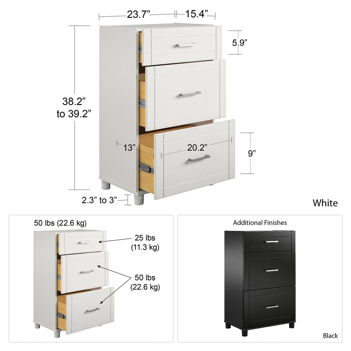 24 inch 3 Drawer Base Cabinet - White Y979