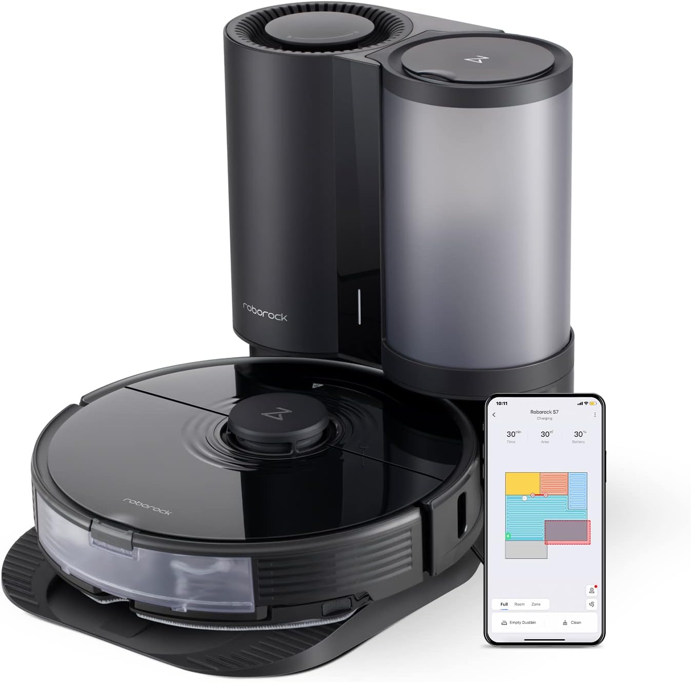 Roborock S7+ Robot Vacuum and Sonic Mop with Self-Empty Dock, Stores up to 60-Days of Dust, Auto Lifting Mop, Ultrasonic Carpet Detection, 2500Pa Suction, Black