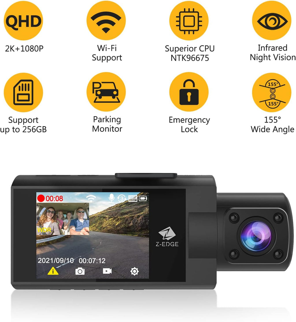 WiFi Dash Cam, 2K+1080P Front and Inside Dual Car Camera, IR Night Vision J123