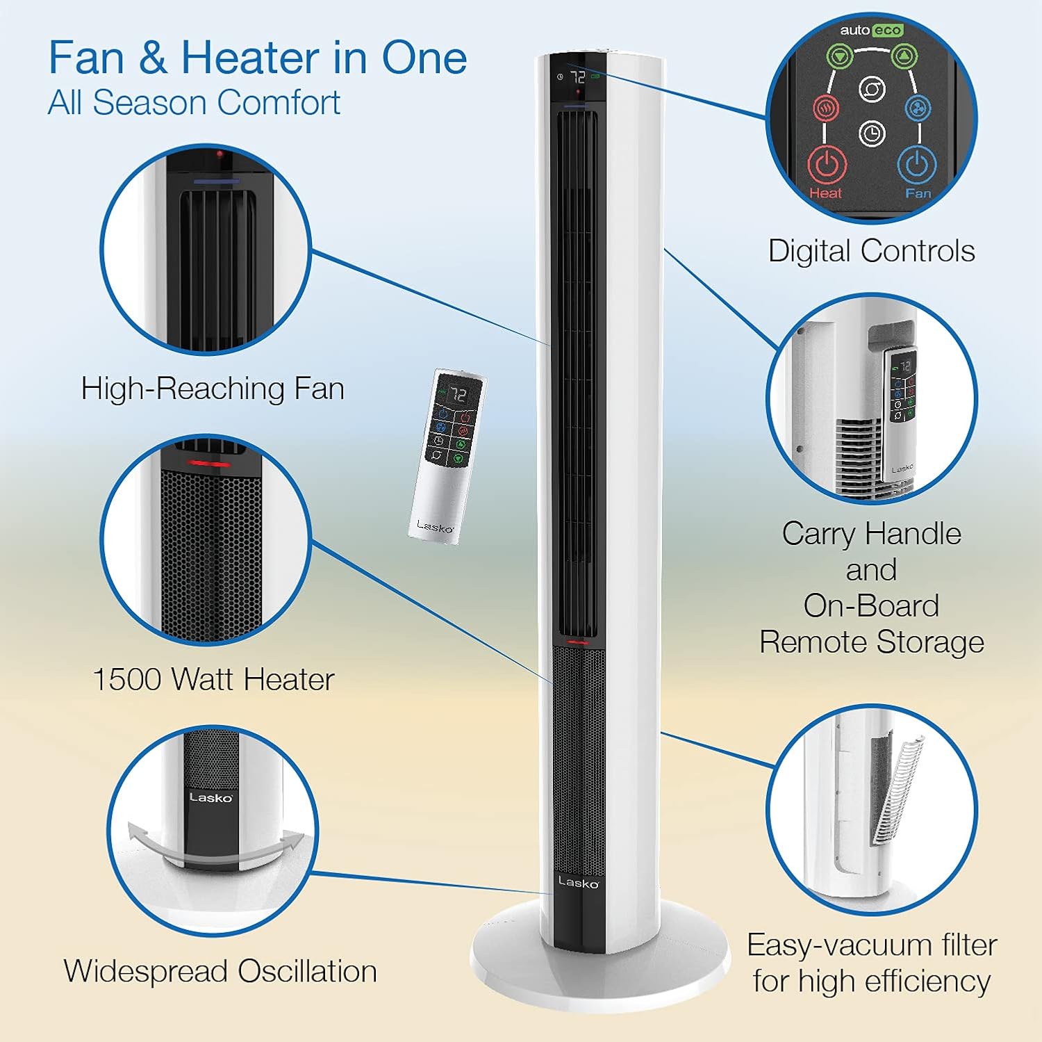 Tower Fan and Space Heater Combo, 42 Inch, Black White K609628