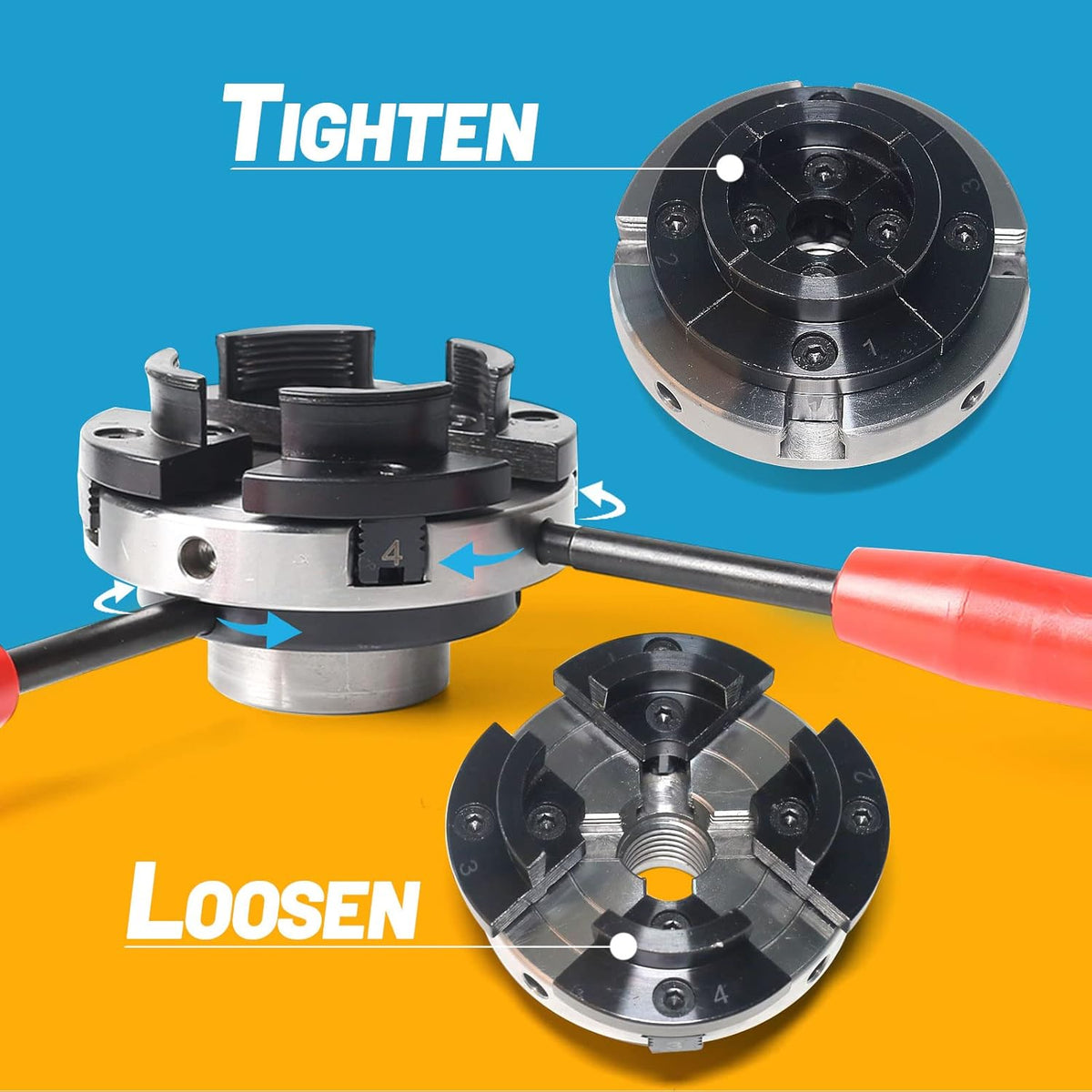 4 Inch Wood Lathe Chuck Set, 5 Interchangeable 4-Jaw, 1"x8Tpi & 3/4"x16Tpi Adapter Q601