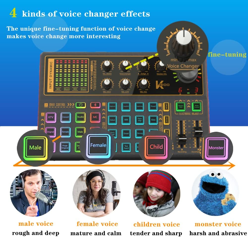 LED Voice Changer Sound Card for Live Streaming, Music Recording, Karaoke, 2 Pack W342