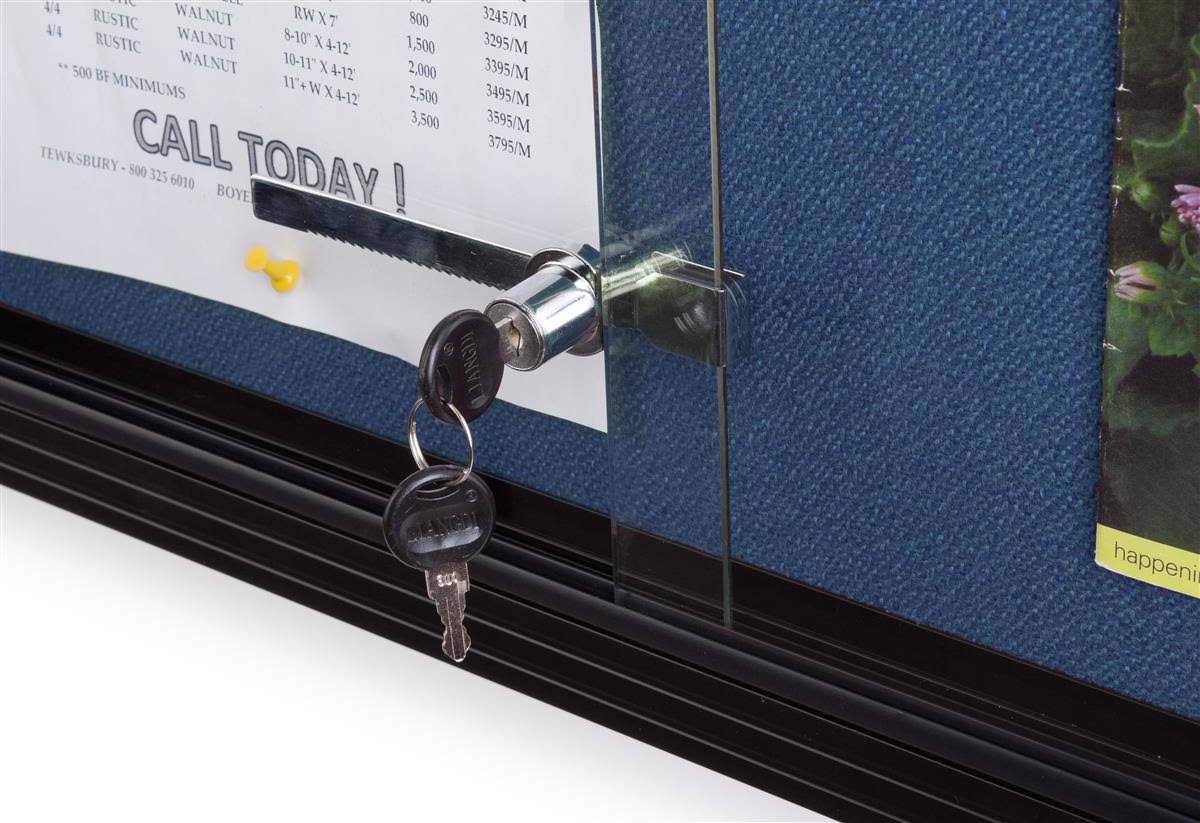 Locking Bulletin Board, 48 x 36 Inch, Blue Fabric, Sliding Glass Doors O321925
