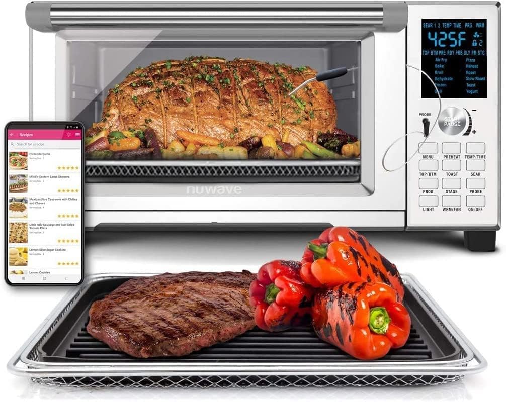 NUWAVE Bravo Air Fryer Toaster Smart Oven, 12-in-1 Countertop Convection Grill Griddle Combo, 30-Qt XL Capacity, Integrated Temperature Probe for Perfect Results, Heavy Duty Racks with Load of Over 30 Pounds, 50°-500°F Temperature Controls, Top and B
