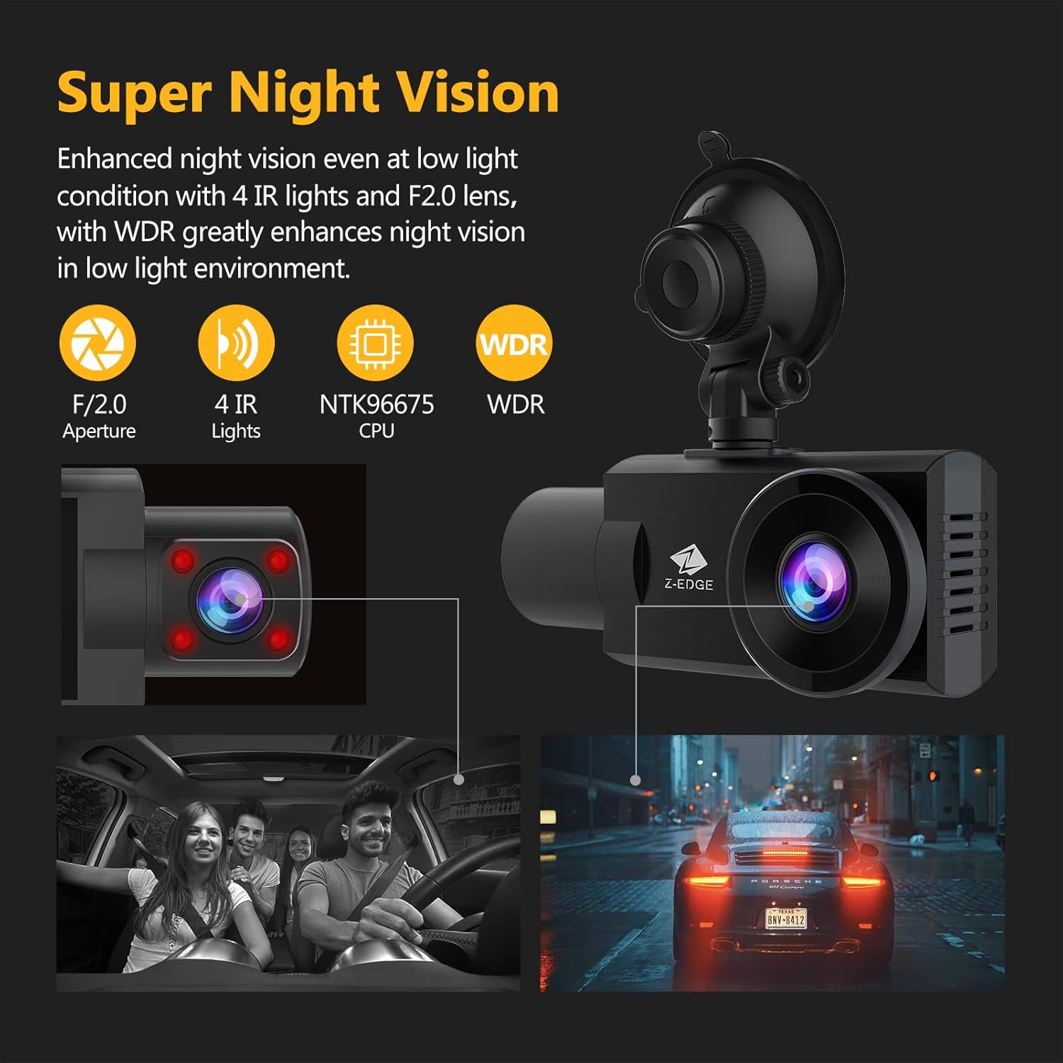 WiFi Dash Cam, 2K+1080P Front and Inside Dual Car Camera, IR Night Vision J123