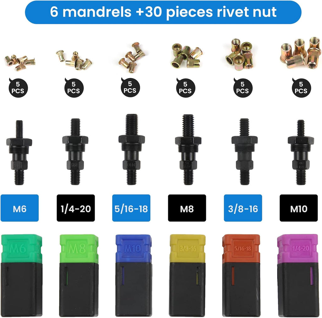 14" Rivet Nut Tool with Auto Release, 6 Mandrels M6-M10 & SAE, 30pcs Nuts X263130