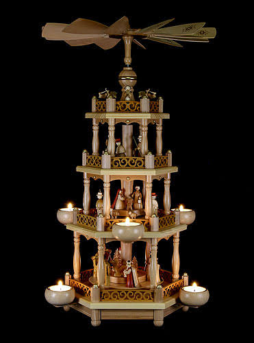 German Christmas Pyramid Nativity Scene, 3-tier, 55 cm, Natural with Tealights V73065