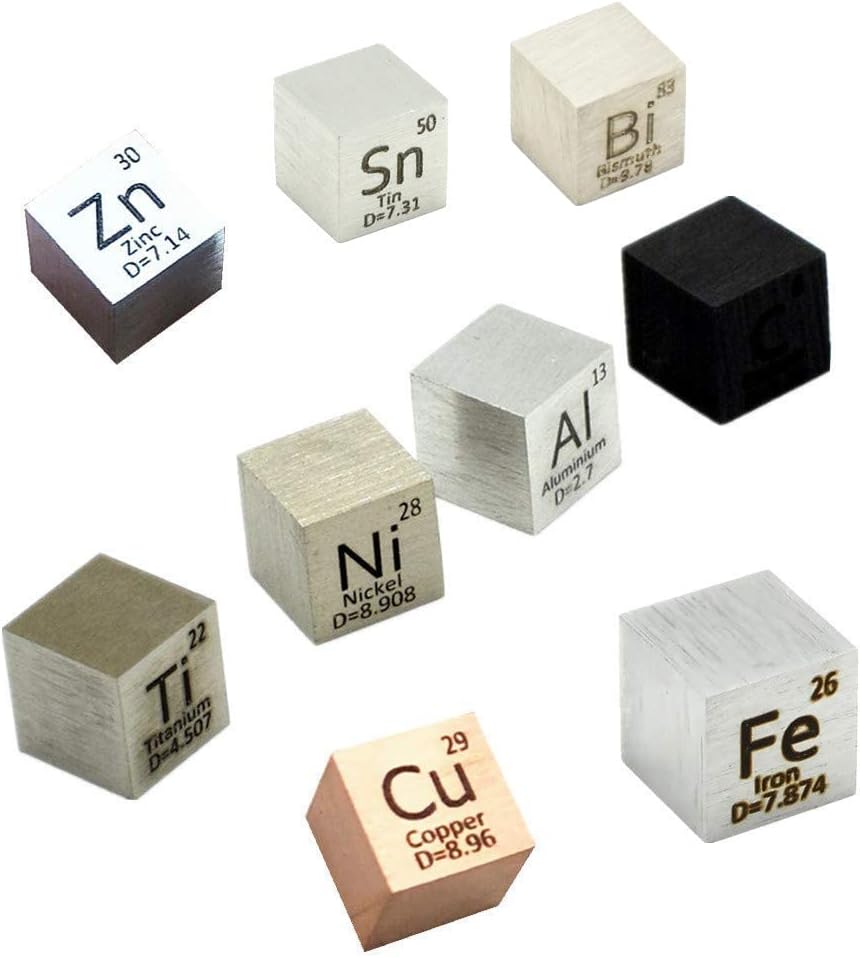 9 PCS Element Cube Set 10mm Density Cubes Up to 99.99% Pure Daily Metal Cubest Titanium Bismuth Carbon Nickel Iron Copper Zinc Aluminium Tin for Collections DIYs Pack of 2