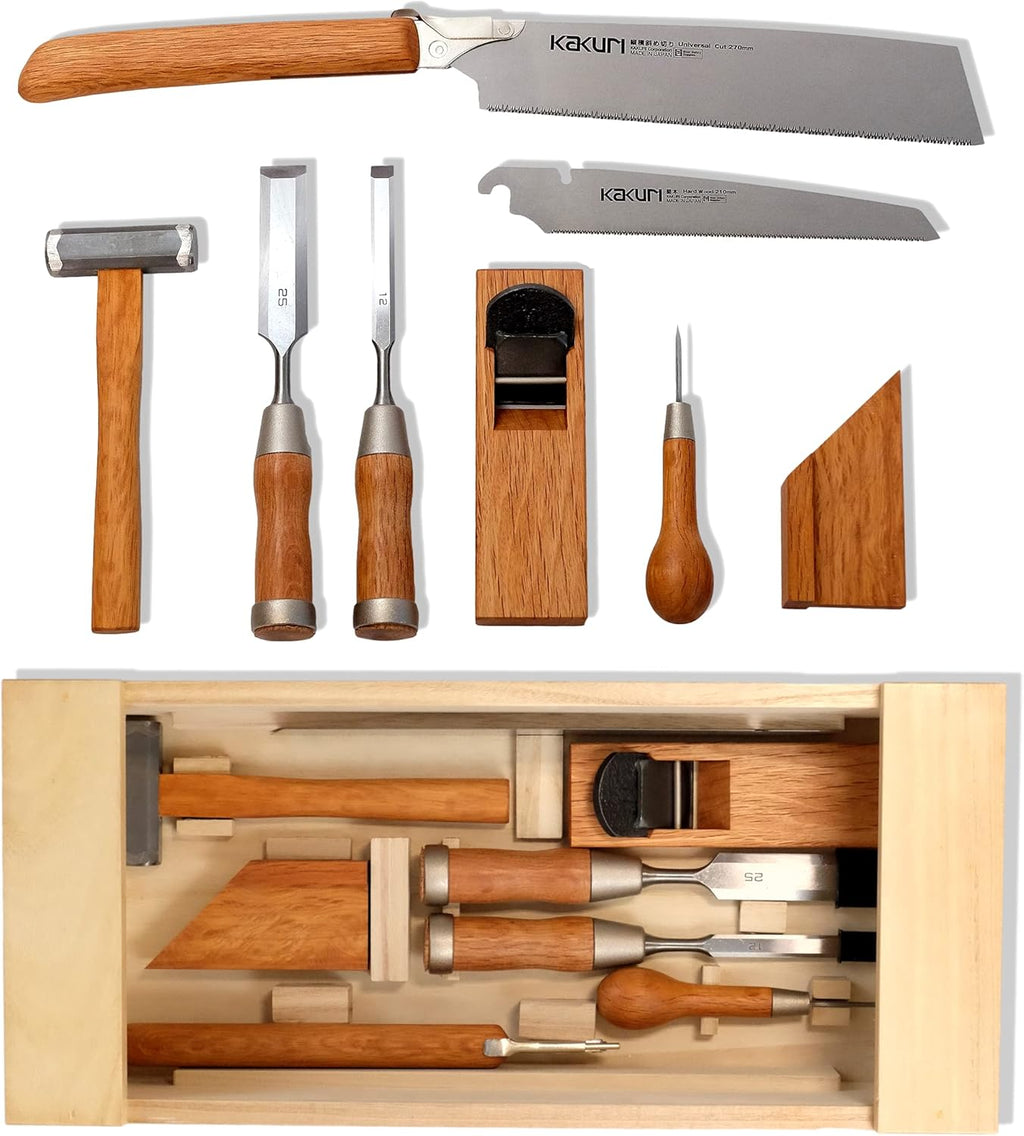 KAKURI Japanese Woodworking Tool Set, Quality Professional Carpentry Tool Kit 8 Pcs (Japanese Pull Saws, Hammer, Chisels, Plane, Auger, Square), Japanese Red Oak, Made in JAPAN (40350)