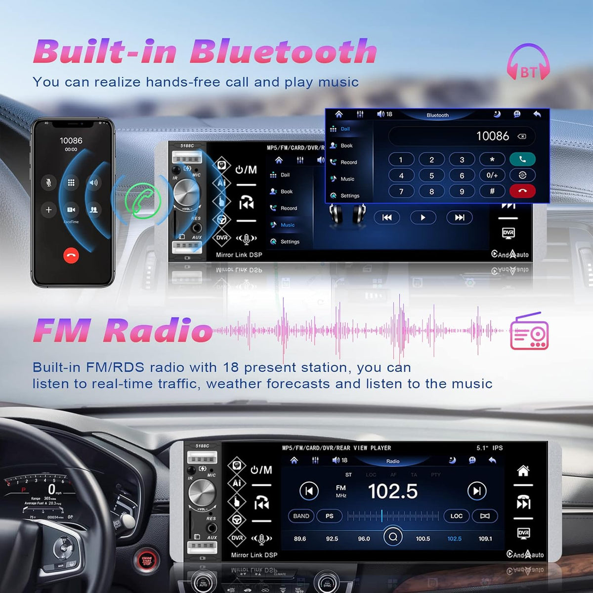 5.1 Inch Single Din Car Stereo Touchscreen Radio with Carplay, Android Auto, Bluetooth and Backup Camera A44512