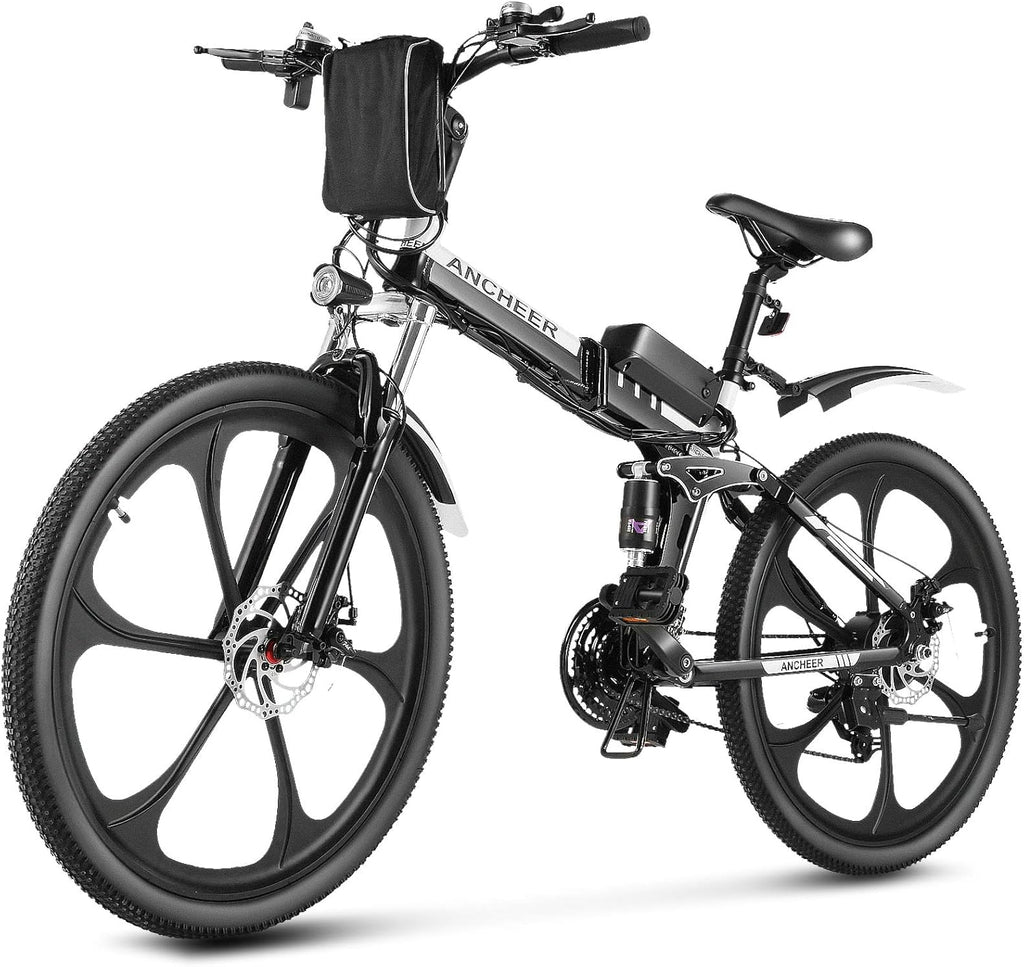 ANCHEER Electric Bike, Folding Electric Bike 26" Electric Mountain Bike with Magnesium Alloy Integrated Wheel, Electric Bike for Adult Features Premium Front and Rear Suspension and 21 Speed Gears