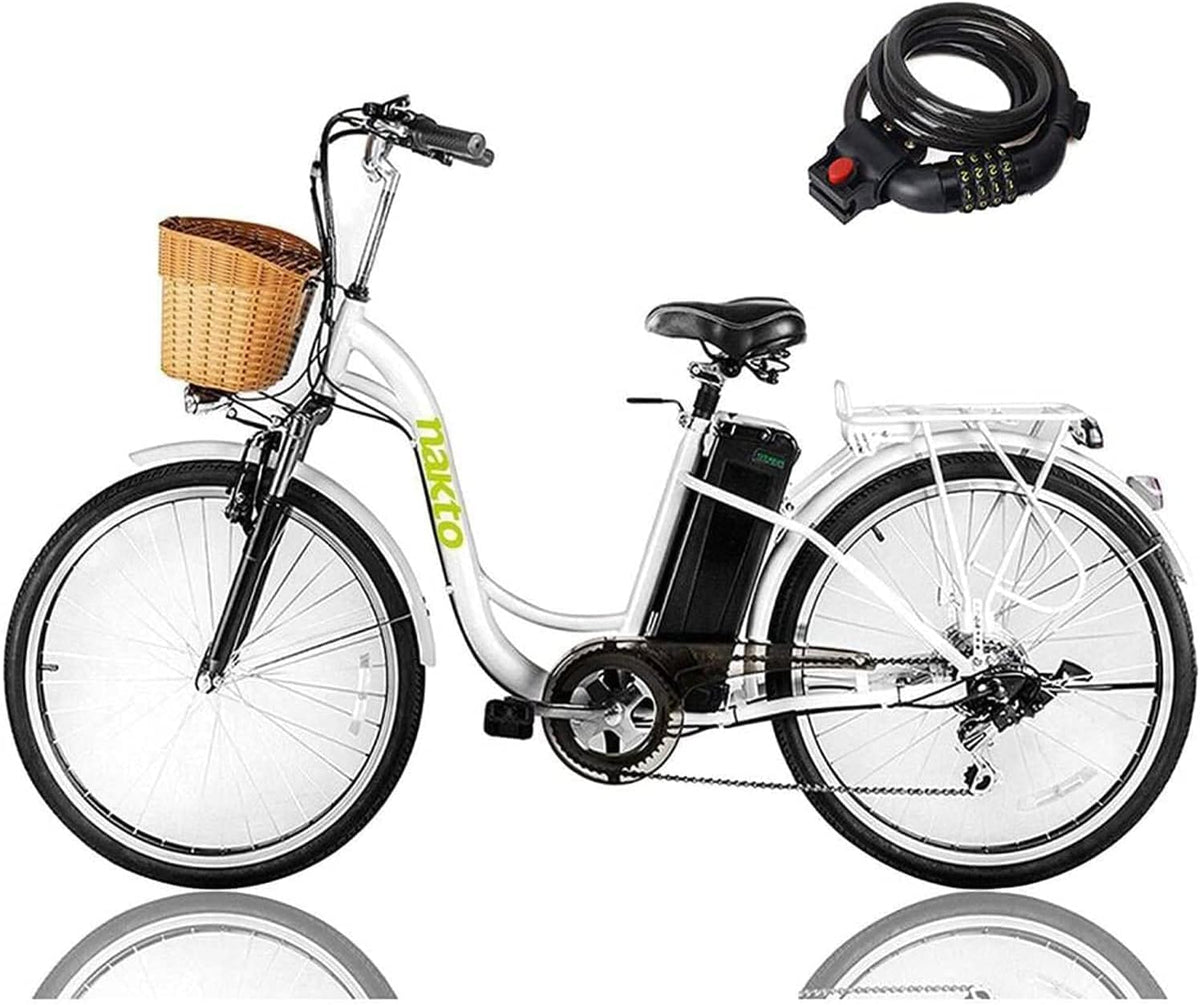 NAKTO Electric Bike for Adult Electric Bicycle 350W Ebike 18-22MPH 45-60 Miles 26" City Commuter Ebike Step Thru Ebikes High Brushless Gear Motor Shimano 6-Speed Gear Electric Cruiser Bike with Basket for Female Male