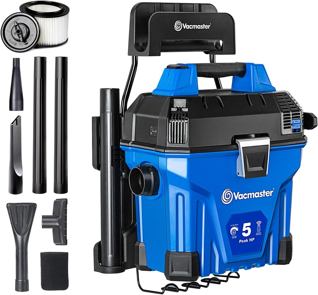 Vacmaster VWM510 5-Gallon 5 Peak HP Remote Control Wall Mount Wet/Dry Shop Vacuum , Blue