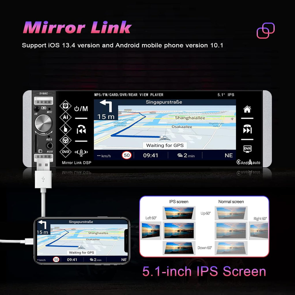 5.1 Inch Single Din Car Stereo Touchscreen Radio with Carplay, Android Auto, Bluetooth and Backup Camera A44512