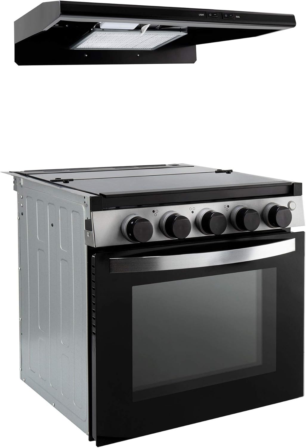 RecPro RV Stove | Gas Range 21" Tall | Optional Vented Range Hood | Black or Silver Color Options (Black, with Vented Range Hood)