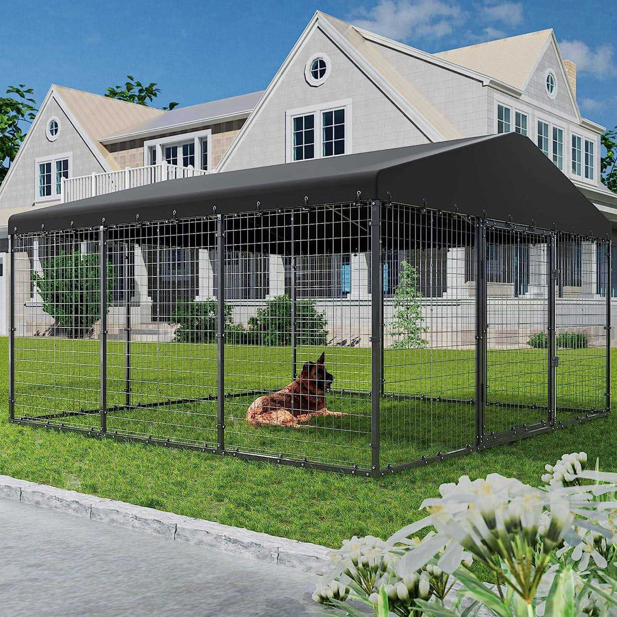 Large Outdoor Dog Kennel with Roof and Double Safety Locks J12276