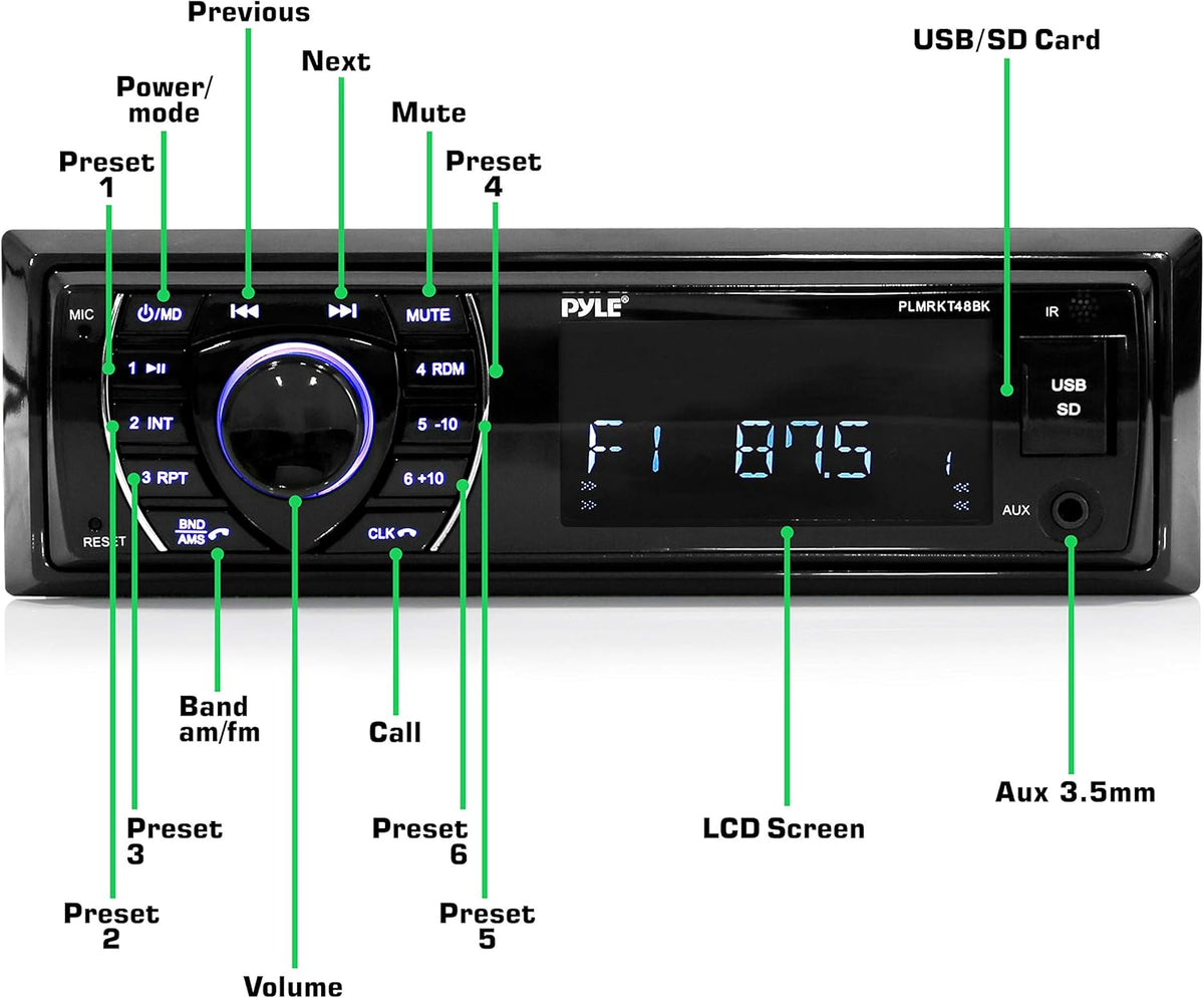Marine Head Unit Receiver Speaker Kit - In-Dash LCD Digital Stereo with Bluetooth, AM/FM Radio, 6.5" Waterproof Speakers I856669