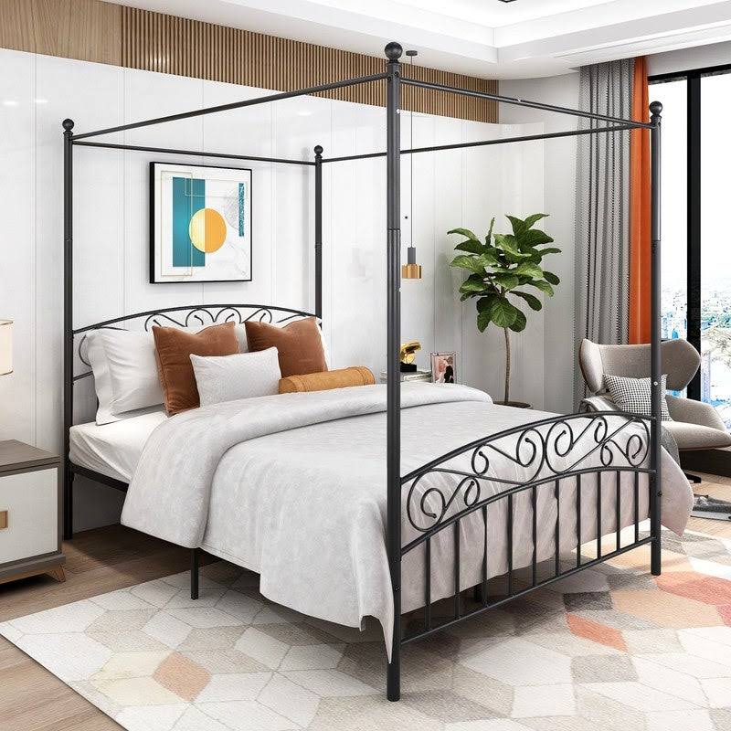 Queen Size 4 Poster Canopy Bed Frame with Mattress Foundation G932579