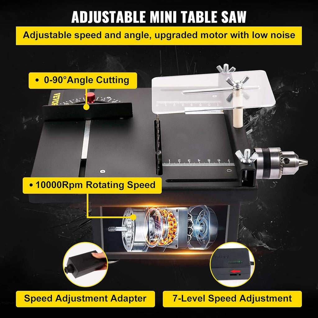 Mini Table Saw for Woodworking, 0-90 Angle Cutting, 7-Level Speed Adjustable V9471