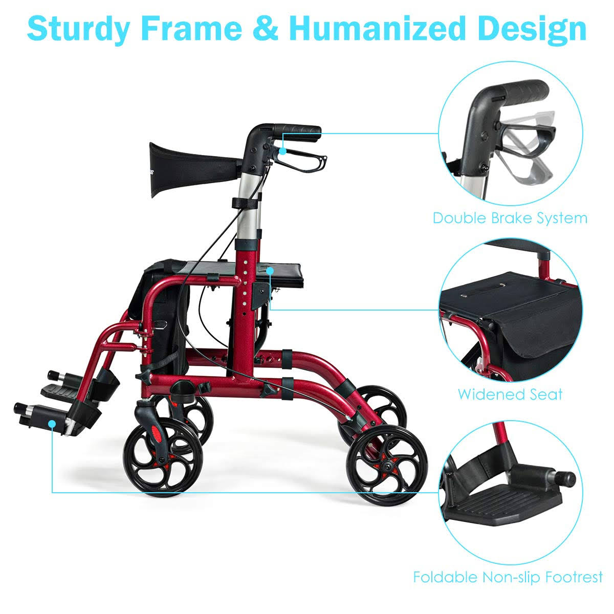 Adjustable Folding Medical Walker Rollator Red Y510