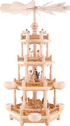 German Christmas Pyramid Nativity Scene, 3-tier, 55 cm, Natural with Tealights V73065