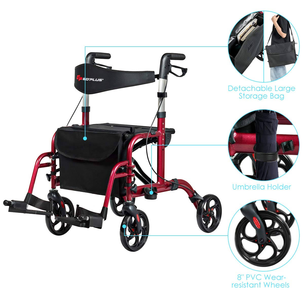 Adjustable Folding Medical Walker Rollator Red Y510
