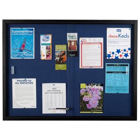 Locking Bulletin Board, 48 x 36 Inch, Blue Fabric, Sliding Glass Doors O321925