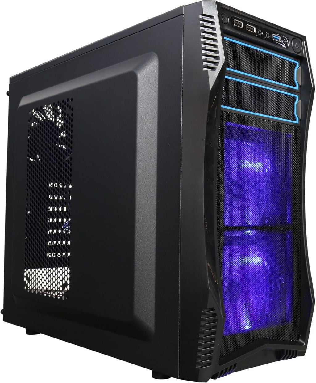 ATX Mid Tower Gaming Computer Case with Blue LED and 3 Pre-Installed Fans M370