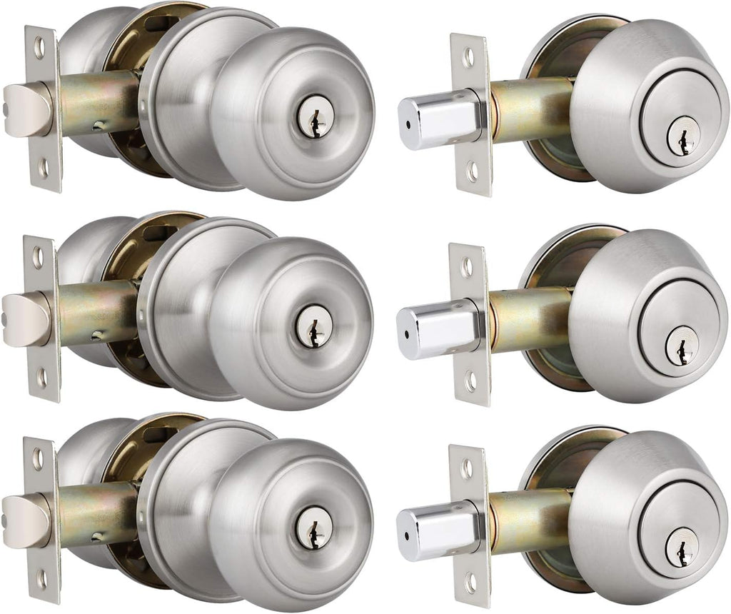 3 Pack Entry Door Knob and Single Cylinder Deadbolt Combo Pack in Satin Nickel, Keyed Alike Exterior Door Lock Set with Deadbolt, Door Knobs with Deadbolt for Entrance and Front Door Pack of 2