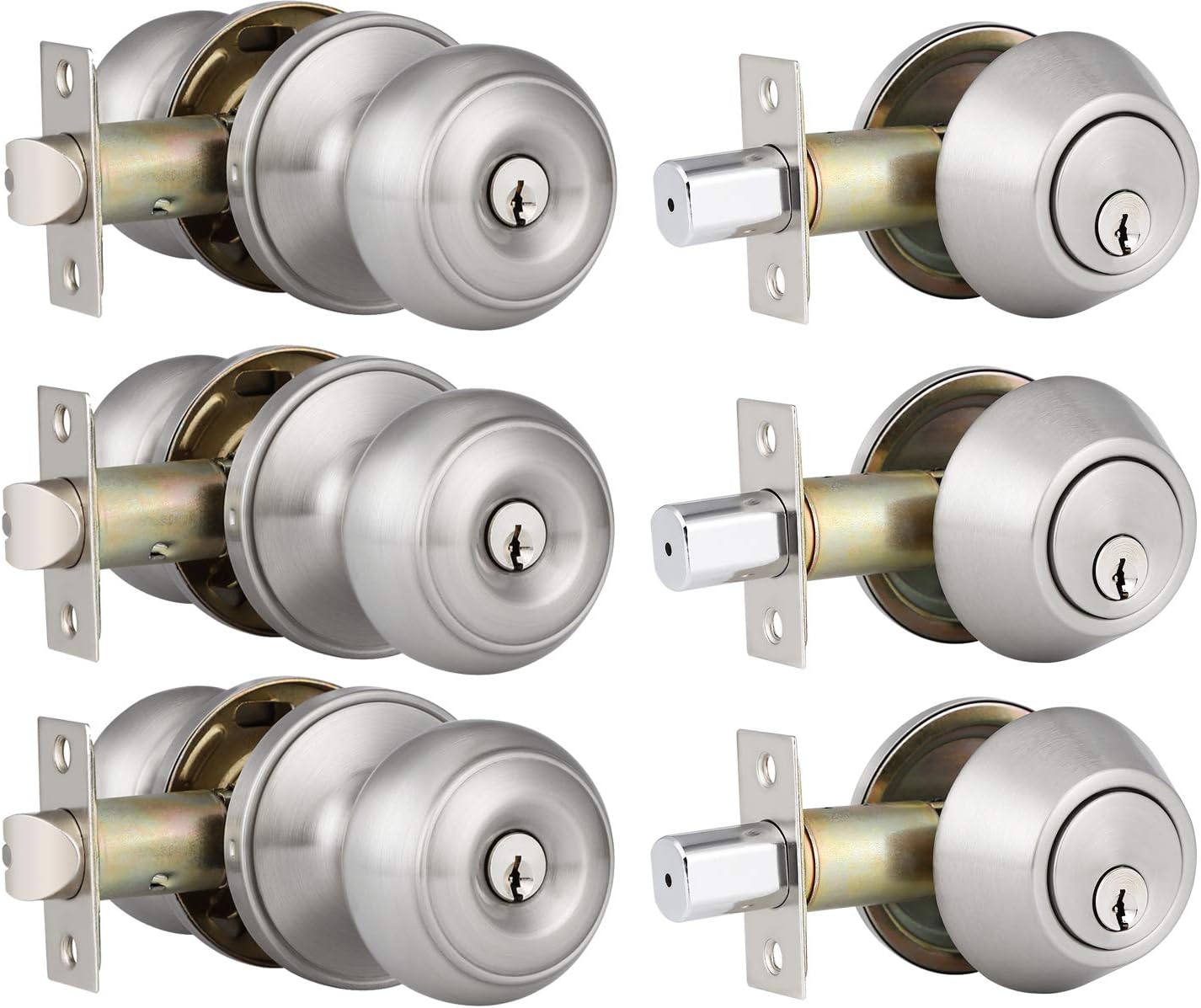 3 Pack Entry Door Knob and Single Cylinder Deadbolt Combo Pack in Satin Nickel, Keyed Alike Exterior Door Lock Set with Deadbolt, Door Knobs with Deadbolt for Entrance and Front Door Pack of 2