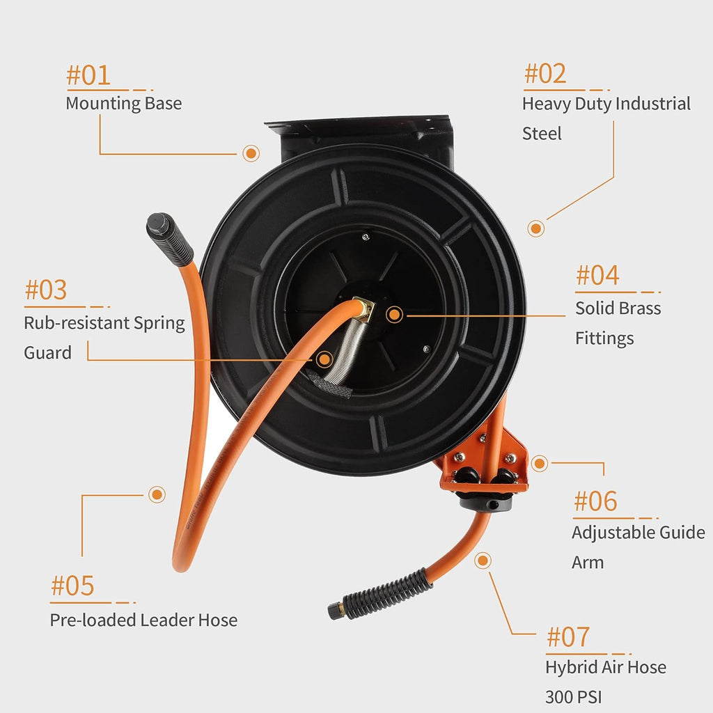 Retractable Air Hose Reel Wall Mount, 50 FT Hybrid Hose, 300PSI W935