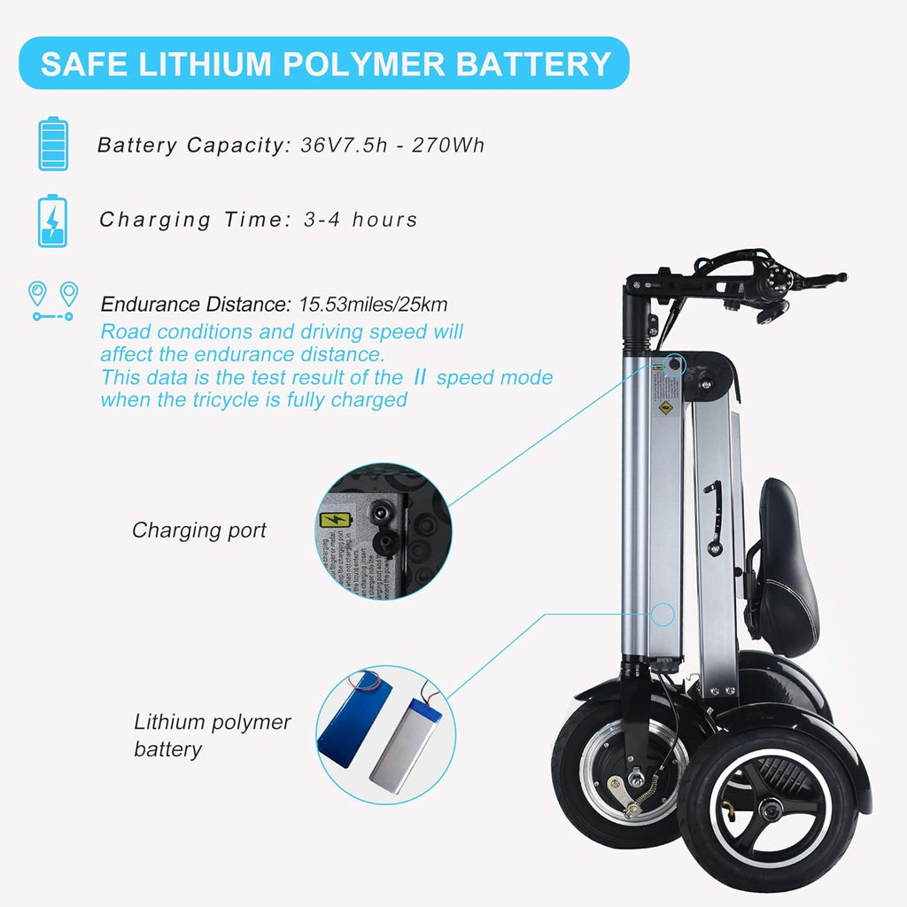 Electric Scooter Mini Tricycle for Adult, Folding Mobility Scooter with 10 Inch Pneumatic Tires and Reverse Function J1012