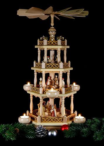 German Christmas Pyramid Nativity Scene, 3-tier, 55 cm, Natural with Tealights V73065