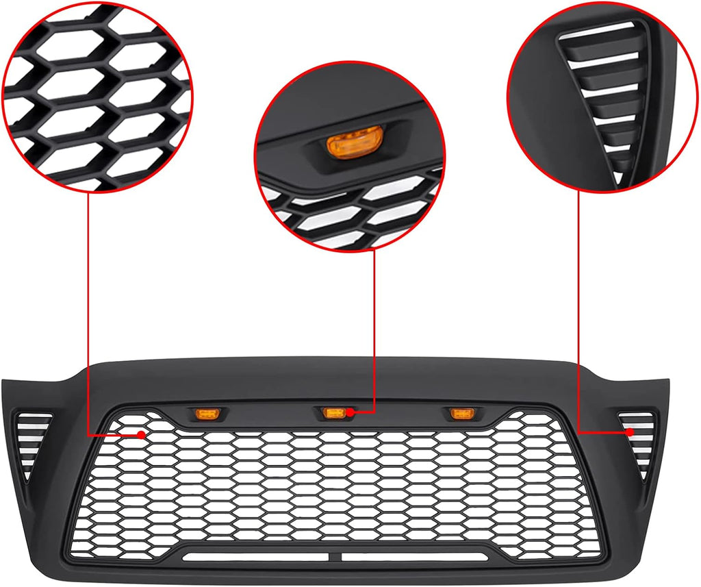 Mesh Grille Front ABS for Toyota Tacoma 2005-2011 with 3 LED Lights B3005
